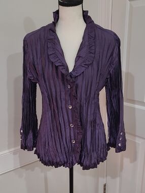 Agora Vintage Y2K Purple Crinkle Frill Button-Front Women's Blouse - Size L
